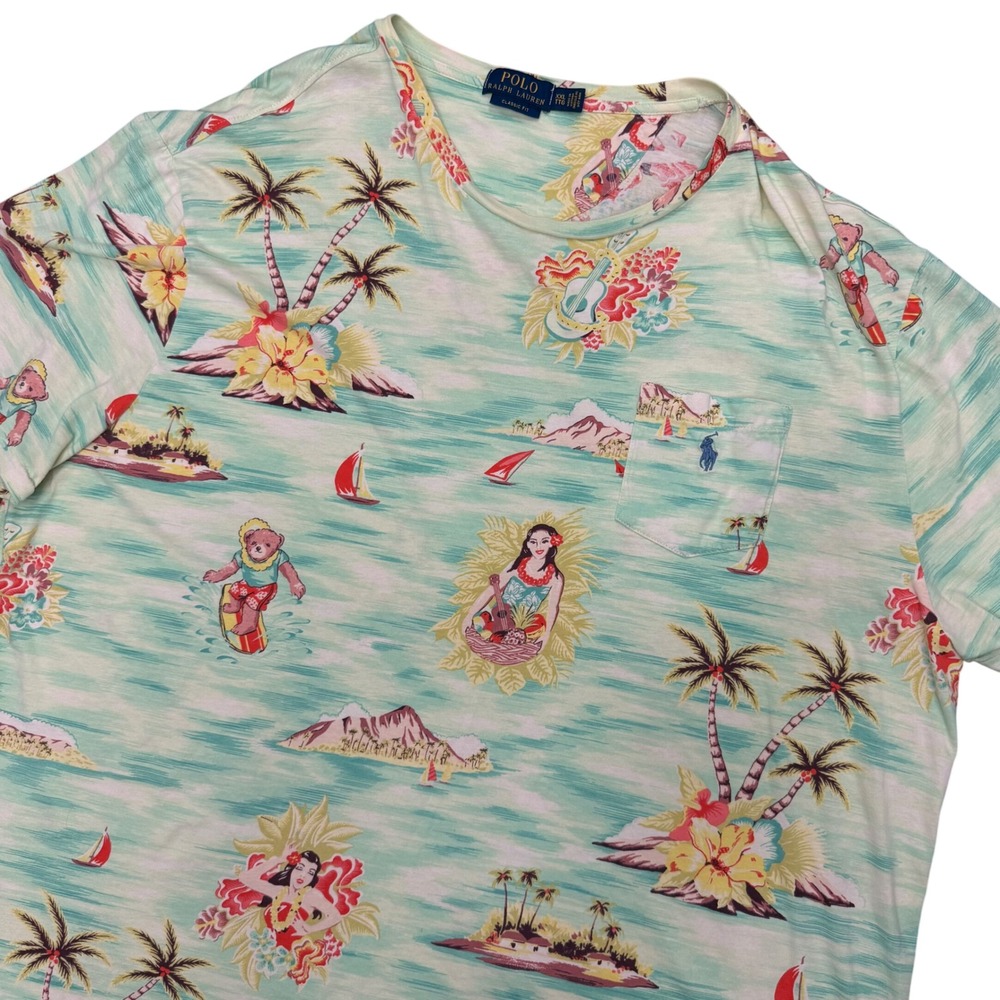 Polo Ralph Lauren T-Shirt Mens XXL Aqua Tropical Surfing Bear Hula Girl Pocket